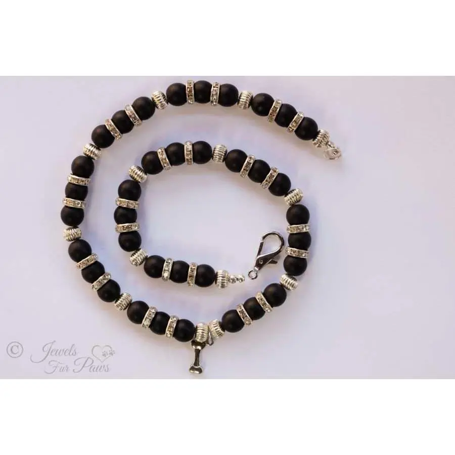 Natural Black Lava Beads with Silver Spacers and Hanging Bone Charm (L)