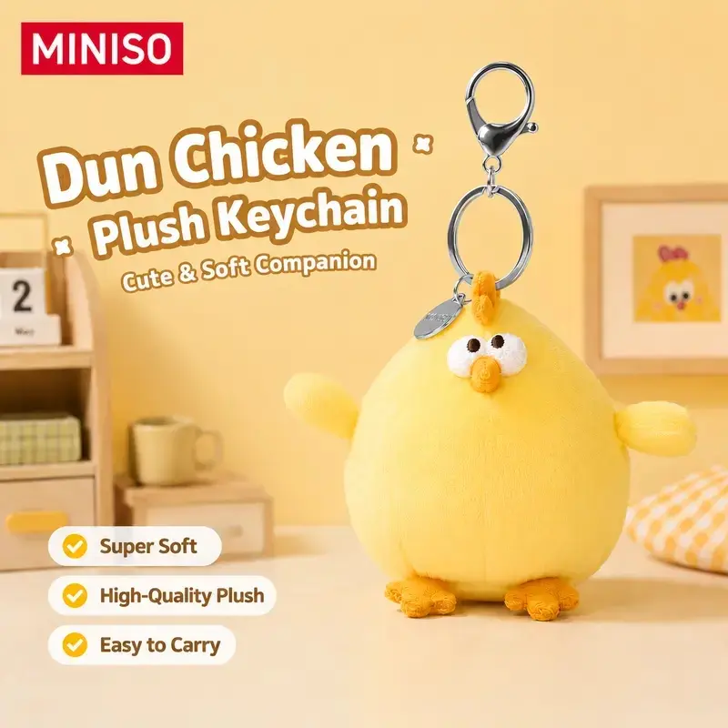 MINISO Dundun Style 3 In-1 Keychain Accessory - Cute 3" Yellow Chick Stuffed Pendant, Split Ring, Portable Key Holder, Keychains Cute, Key Accessories for 12+ Back to School Haul, Unisex Everyday Use
