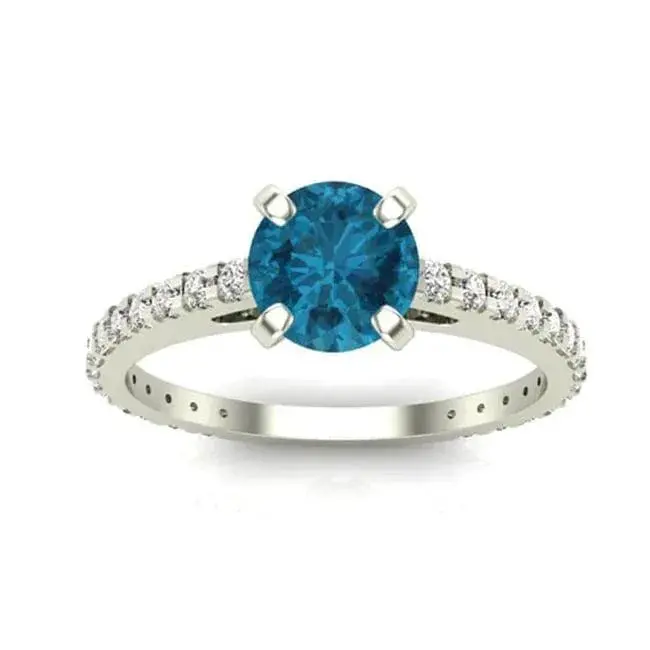 14k White Gold Solitaire Ocean Blue Diamond Ring (0.90 ct tw)