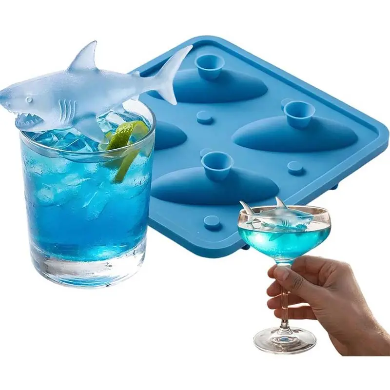 Shark Silicone Ice Mold, Reusable BPA Free Easy Release Trays, Slow Melting Shark Shapes for Whiskey, Cocktails, Juice, Coffee, Stackable Ice Cube Molds for Freezer, Party Drinks Gifts (Blue)