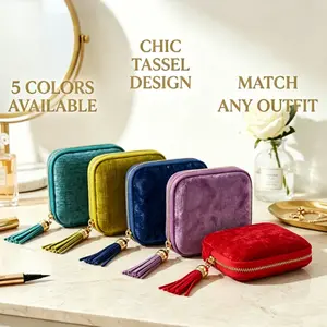 Travel Jewelry Case for Women, Velvet Jewelry Pouch with 5 Individual Pockets, Compact Tangle Free Organizer for Necklaces, Earrings, Bracelets and Rings, Mini Coin Purse Small Wallet for Travel, Daily Use, Business Trips, Birthday Gift