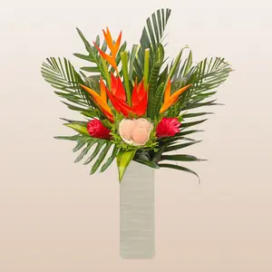 Warmth of the Tropics Bqt - Vibrant 31 Stem Tropical Bouquet with Red Orange Green Flowers and Areca Palm Leaves 70 cm Floral Arrangement