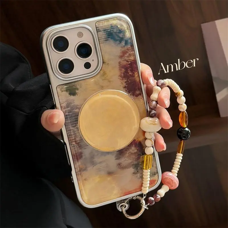 Marble Pattern Phone Case with Beaded Lanyard & Round Holder, Electroplating Phone Protective Cover, Soft Electroplated Tpu Cover, Phone Accessories Compatible with iPhone 13 14 15 16 Pro Max, Casing, Protective Cellphone Casing
