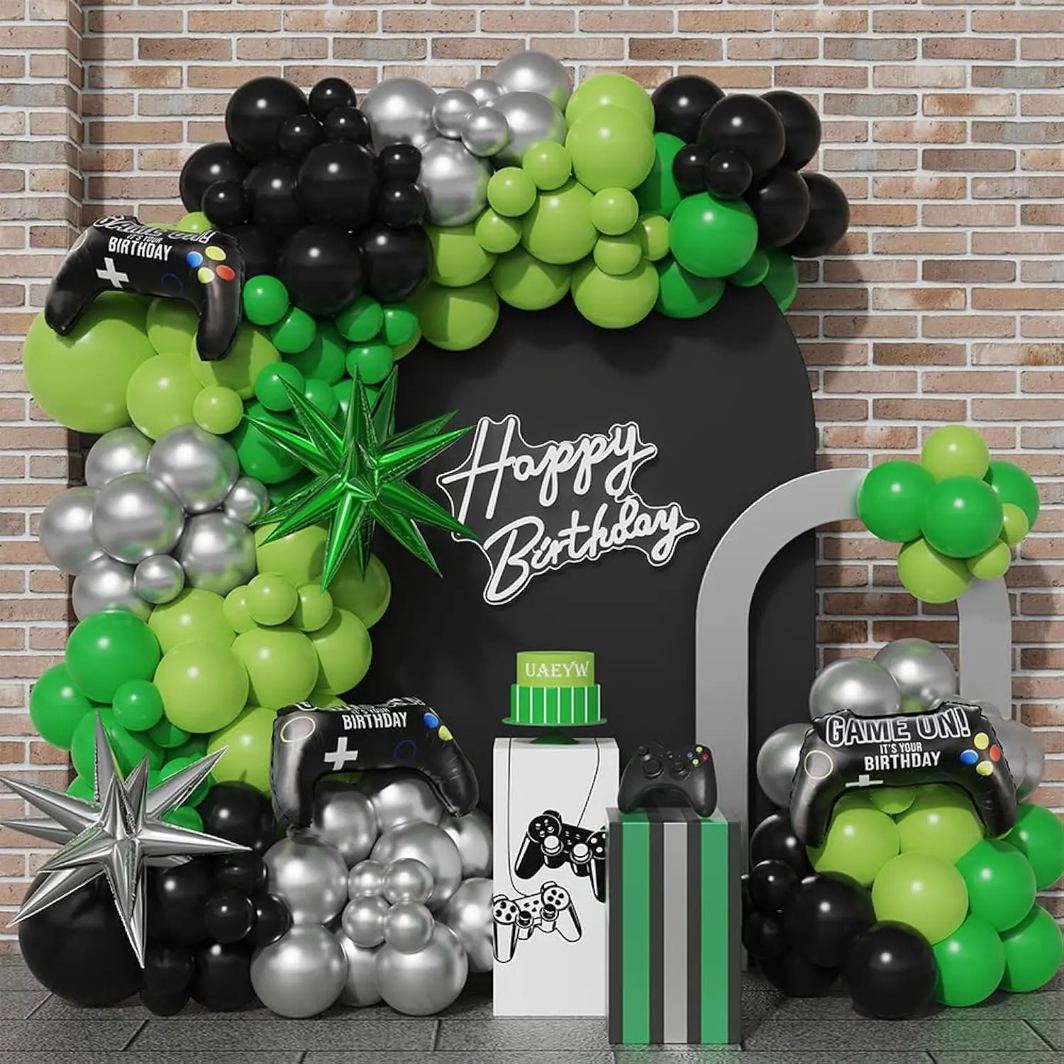 144PCS Video Game Balloon Arch Kit with Green Black Silver Gamer Party Decorations