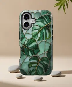 Stained Glass Style Monstera Leafs Phone Case Art Deco Green Houseplants Artful Trendy Vintage Gift for iPhone 17 16 15 14 13 12