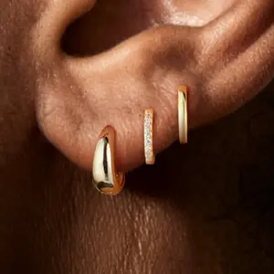 FindChic 14K Gold Plated Huggie Hoop Earrings Set Sterling Silver Post Black Silver Gold Color Shining Cubic Zirconia Daily Casual Hypoallergenic Huggie Hoops Earrings Set Jewelry Gift for Women Girls Mother's Day Gift #Summervibes