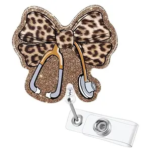 Medical Badge Reel with Leopard Print Bow, Retractable Clip with Stethoscope Pattern, Transparent Card Holder for Nurses & Doctors, Healthcare Workers, Cute Accessory, Gift For Her