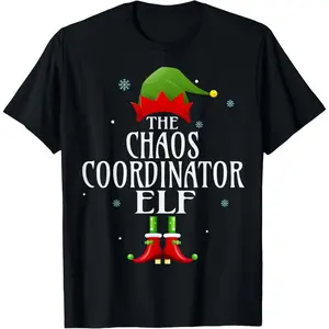 Chaos Coordinator Elf Xmas Groupe Matching Pajama Christmas T-Shirt, 100% Cotton, Single Side Printed, Black Short Sleeve T-shirt, 1 pc, Christmas Halloween Thanksgiving Gift