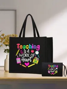 Creative Teacher Letter Print Linen Handbag Set, Linen Coin Purse, Square Shopping Bag, Ideal Christmas Gift for Women Teachers, Casual Trendy Bag, Stylish Square Bag