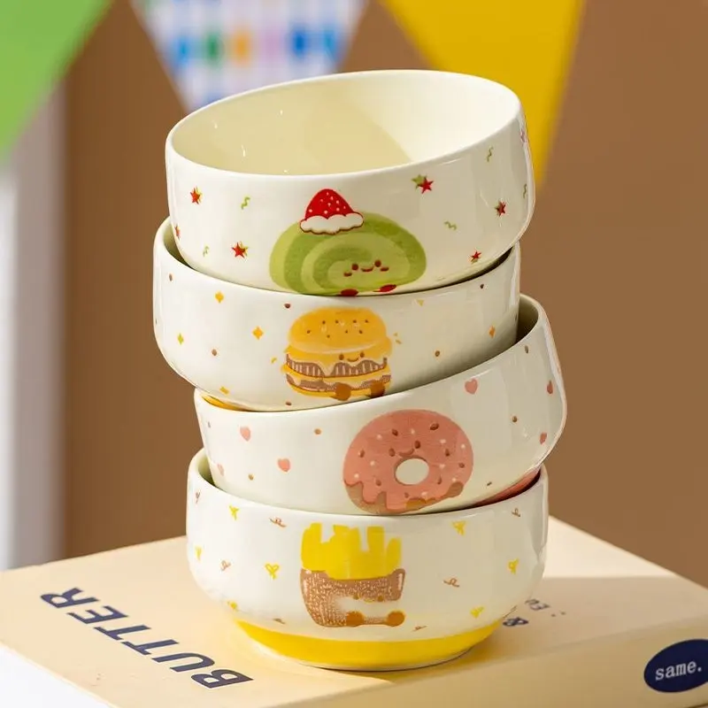 4 Pcs Cute Hamburger Potato Chips Ceramic Bowl Cartoon Anti-scald Soup Bowl Ceramic Soup Bowls Ceramics Tableware Home Kitchen Noodle Ramen Tableware Bowl