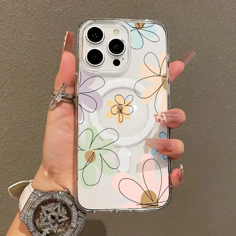 Trendy Magnetic Case Suitable for IPhone11/12/13/14/15/16/17/pro Promax Plus Air,Cartoon Flowers,Aesthetic Pattern Design Lightweight,y2k Cased,AntiScratch,and Trendy Protector Screen Protector Resistance Protection, Accessories, Smartphone