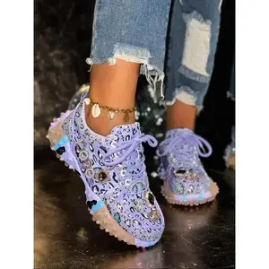 Fashion Floral Casual Sports Shoes, Rhinestone Design, Low Top, Round Toe, Comfortable Daily Wear, Youthful and Vibrant Style