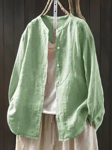 Women's Plus Size Solid Color Long Sleeve Shirt, Casual Fitted Plaid Button Up Blouse, All Seasons Fashion, Comfortable and Stylish