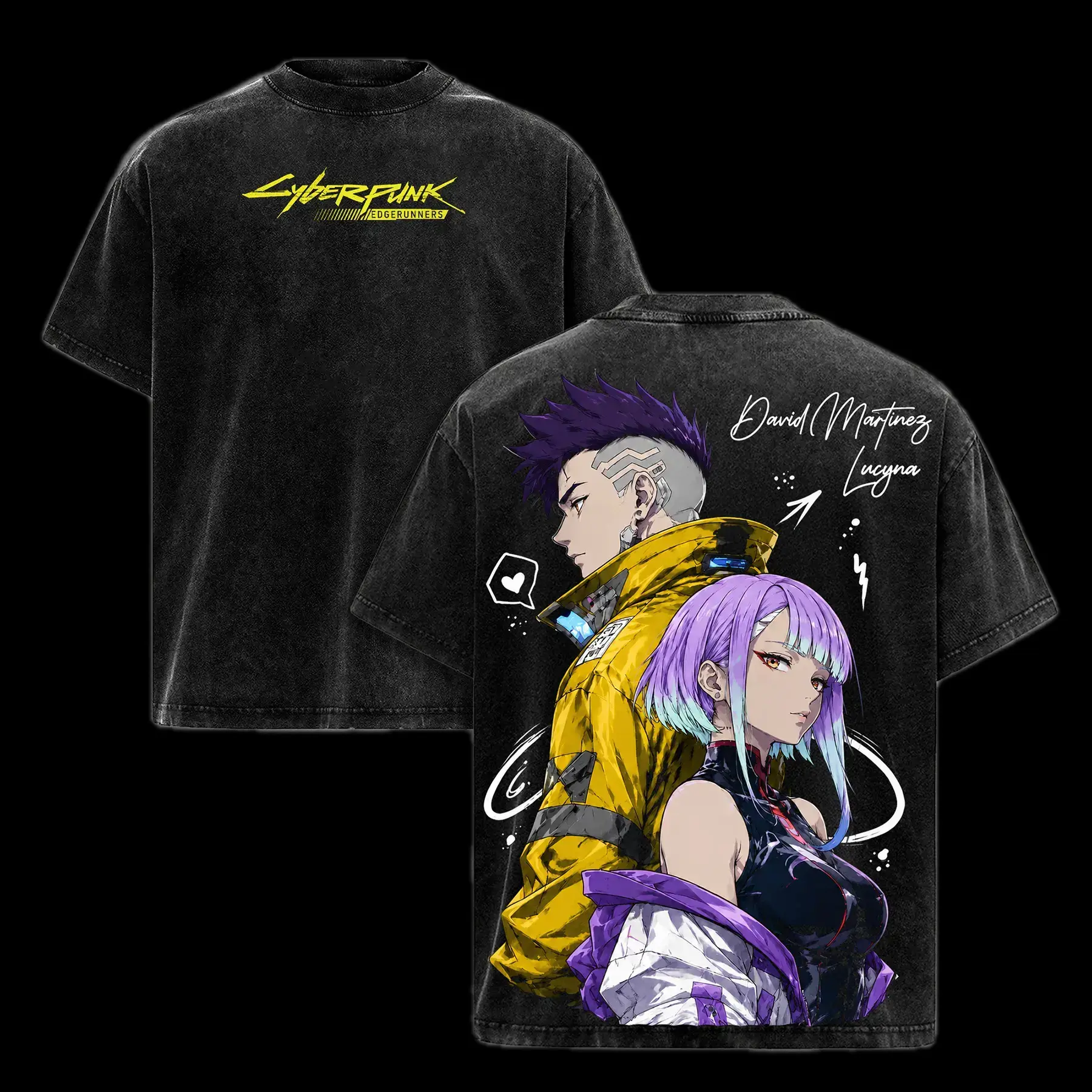 Cyberpunk Edgerunners David Lucy Graphic Tee Oversized Vintage Washed Heavy Cotton T-Shirt Men Women Harajuku Anime Streetwear Faded Acid Wash Retro Summer Top Gamer Cosplay Alt TikTok Trending Aesthetic Clothes Double Print Y2K Fashion Apparel Merch