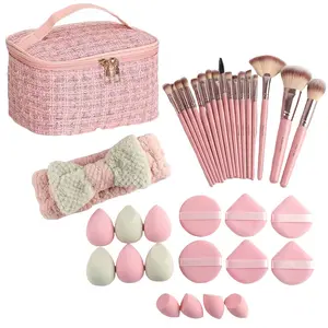 Pink Chanel-Inspired Full Makeup Set: Elegant Tweed Bag + Soft Headband + Brushes & Beauty Sponges - Daily Makeup & Travel Essential - Portable Everyday Travel Must-Have