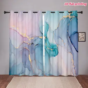 2D Flat 2Pcs 2-piece, abstract ink painting pattern curtain panel, gradient blue and pink colors with golden lines, loop, perforated design, semi sunshade, suitable for home living room, bedroom, balcony, kitchen, study shower window d