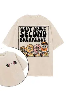 Washed T-shirt, Retro Vintage Limited What About Second Breakfast Graphic T-shirt, Funny Donut Coffee Cartoon Tee for Men and Women, Oversized Streetwear Unisex Humor Shirt, Cute Food Illustration Top, Gift for Breakfast Lovers