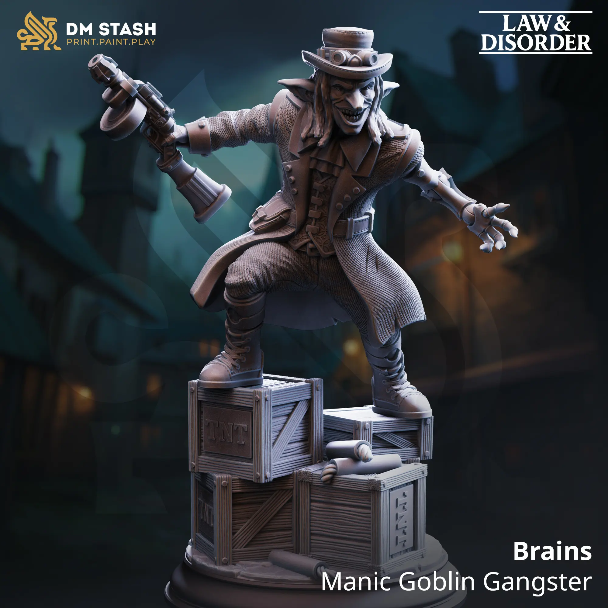 Brains - Manic Goblin Gangster Character Figure, 3D-Printed Collectible Miniature for DM Stash (Part of 3D-Printed Miniatures Line), Character Figure Miniatures