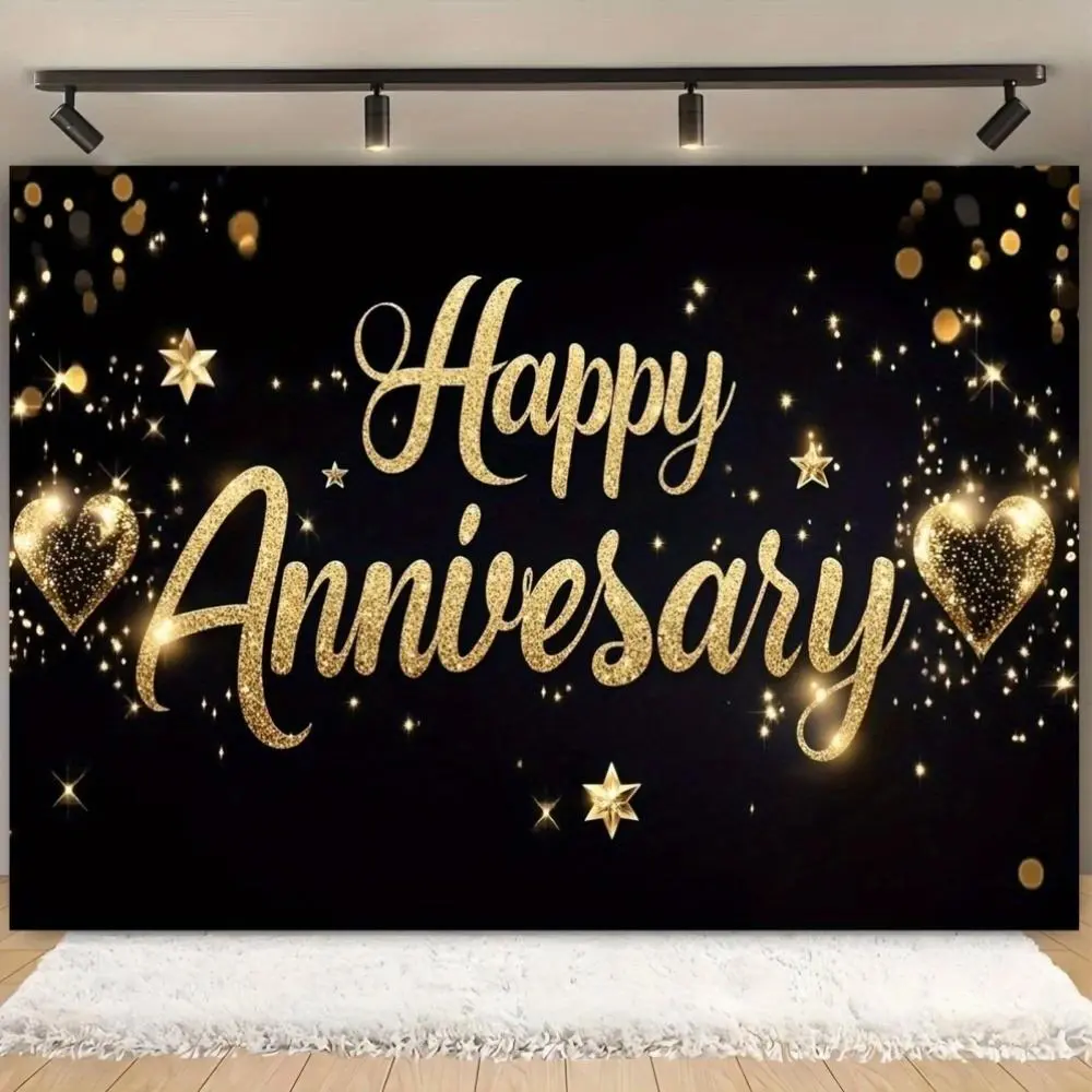 Happy Anniversary Letter Pattern Backdrop, 1 Count Glitter Anniversary Photo Background, Shimmer Wall Backdrop, Indoor & Outdoor Decoration Supplies for Home Party, Banners, Indoor Backdrops, Party Decorations Banners