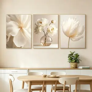Floral Canvas Wall Art Set of 3, Wooden Framed Flower Prints for Living Room, Bedroom & Office, Modern Neutral Home Decorr
