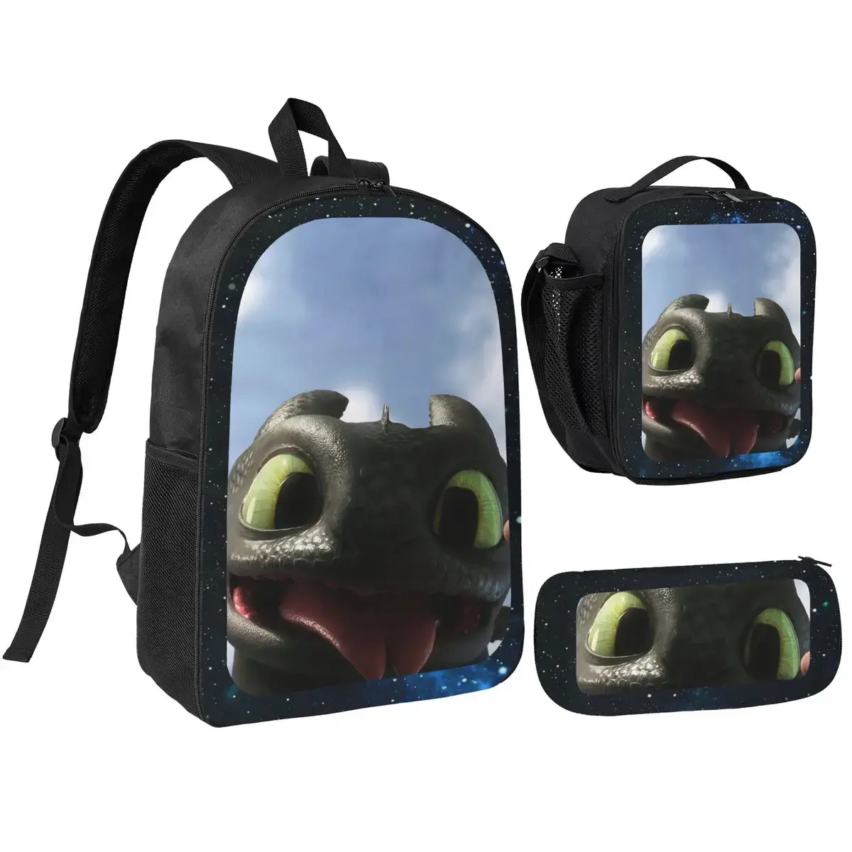 Casual Unisex Dragon Print 35-Size 3Pcs Set, School Bookbag with Lunchbox & Pencil Box for Teens, Office & Travel Backpack