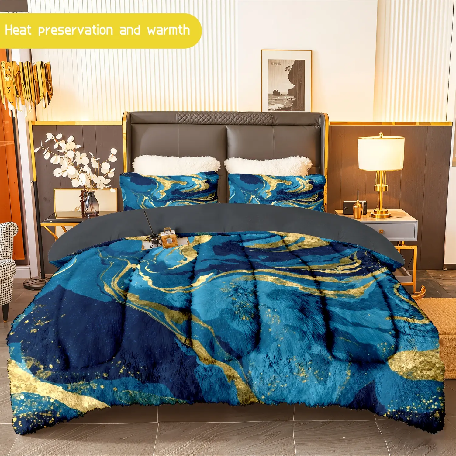 3pcs (1 comforter + 2 pillowcases) Blue and Gold Marble Print Flannel & Milk Velvet Comforter Set, Soft Warm Cozy Bedding Essentials for Adults, Trendy Milk Velvet Bedding Set