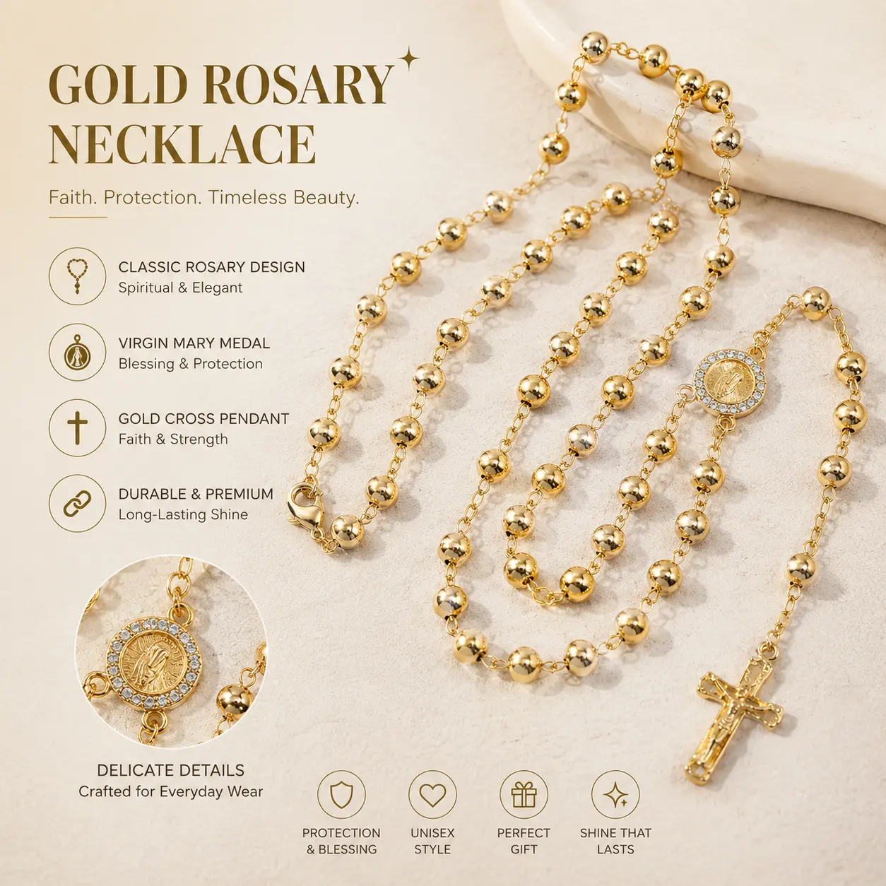Gold-Plated Jesus Cross Rosary Necklace ideal mother chains  birthstones