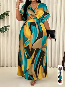 Elegant Sexy Women's Geometric Print Dress Plus Size V Neck High Waist Wrap Dress, Casual Wear, Fitted Woven Fabric, All Seasons Fashion