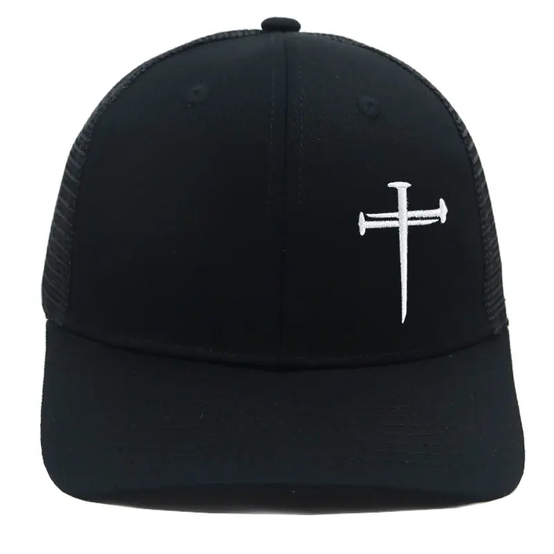 Nail Cross Embroidery Mesh Trucker Hat, Curved Brim Breathable Baseball Cap, Unisex Outdoor Fishing Sun Protection Adjustable Casual Hat for Spring Summer  ## 5-Point English Product Description