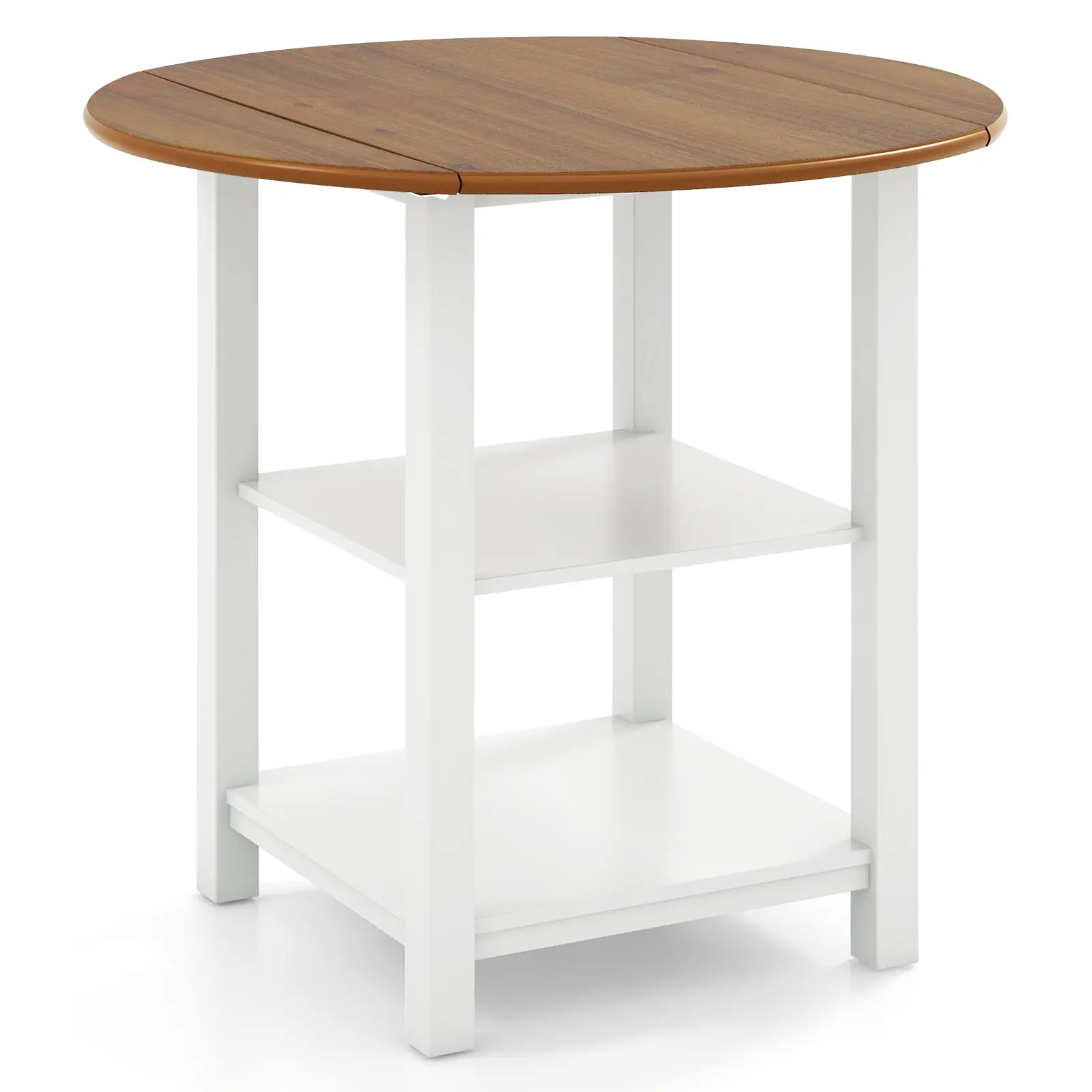 COSTWAY - Folding Round Dining Table Drop Leaf Table with 2 Shelves for Small Spaces-White