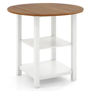 COSTWAY - Folding Round Dining Table Drop Leaf Table with 2 Shelves for Small Spaces-White
