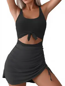 Women's New Solid Color Mesh Cut Out Sculpting Swimsuit, Drawstring Irregular Hem Slim Fit One Piece Swimwear, Summer Beachwear, Cutout Swim Suit, Drawstring Swimsuits