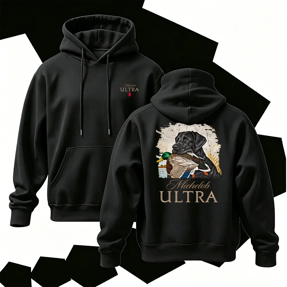 Vintage Duck Hunting Dog Graphic Hoodie | Labrador Retriever Print Sweatshirt | Black Aesthetic Streetwear Hooded Top | Trendy Pullover Men Women Unisex