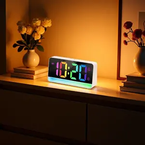 USB Powered 14 Colors RGB Led Display Clock Digital Alarm Clock with 12 Colors Mood Light 2 Alarm Night Mode 10 Min Snooze Table Clock 5 Levels Time Brightness and 3 Levels Ambient Light Brightness USB Output Charging Port 12/24H LED Clock