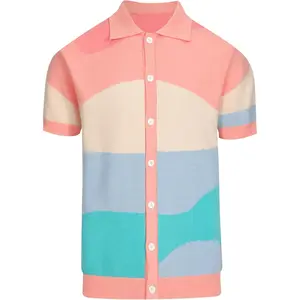 OXKNIT Mens Short Sleeve  Polo Shirts Casual Multi-Colored Knitted Geometric Patterns Shirts