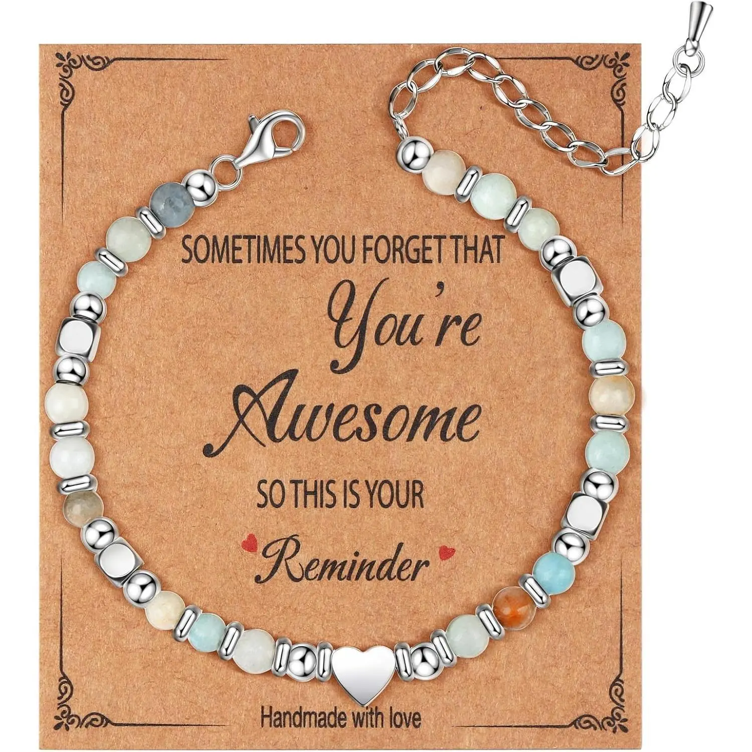 CASSIECA Women's High Quality Rose Quartz Beading Hand Chain, 4.3mm Natural Healing Crystal Bracelet with Heart Charm, Adjustable Fit, Ideal for Birthday & Valentine's Day Gifts, High Quality Bracelet