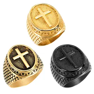 golden titanium steel cross ring men, men's personalized stainless steel retro ring
