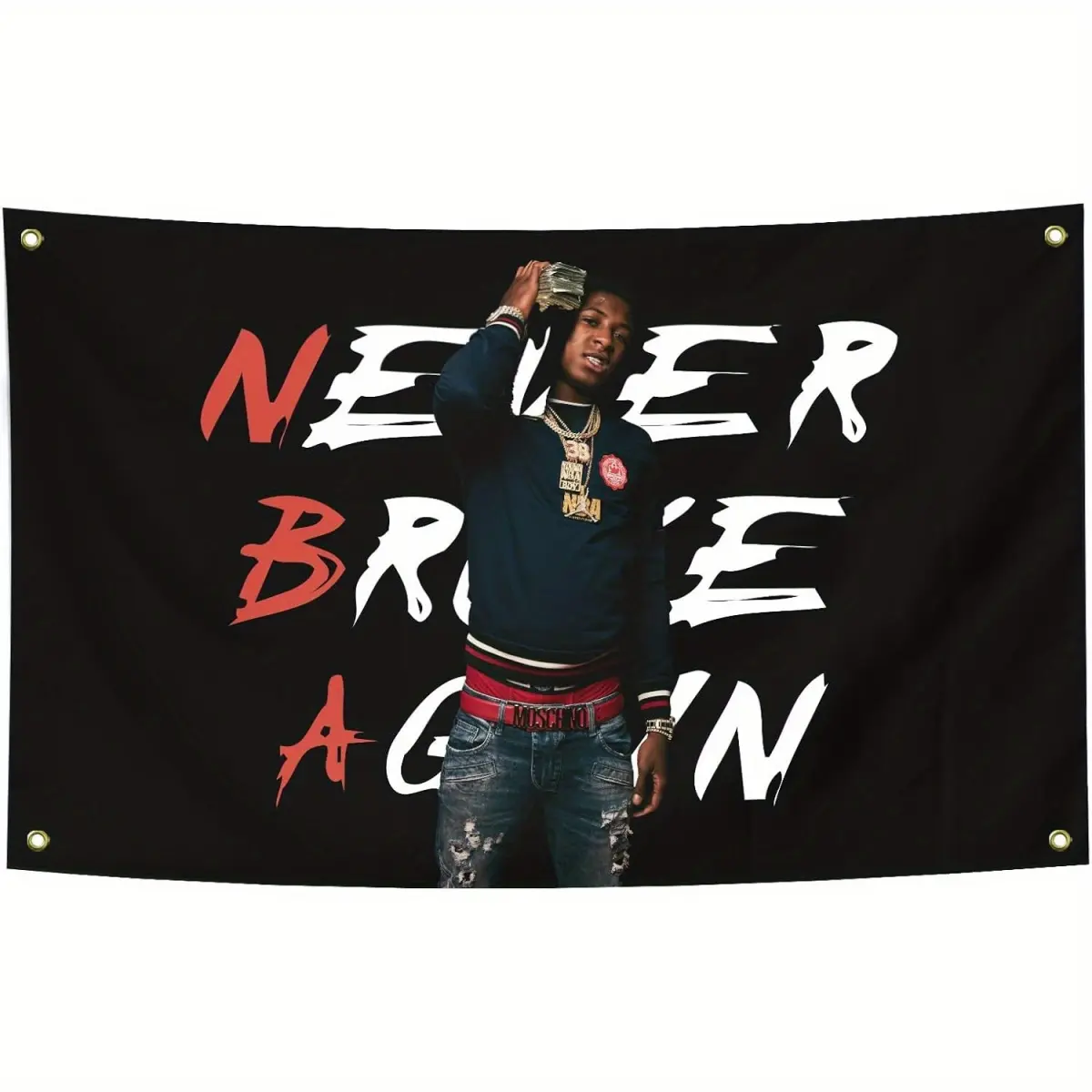 "Never Broke Again" Themed Flag Print Tapestry - 3x5 ft Synthetic Polyester Suede Fabric Flag Banner Tapestry, Brass Grommets, Black Background Bold Red & White Retro Print, Hand Washable, Decorative Fabric Backdrop for Young Boys, Home Bedroom Decor