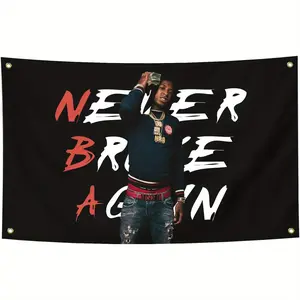 Young boy "Never Broke Again" Tapestry Flag - 3x5ft Durable Polyester Suede with Brass Grommets, Black Background with Bold Red & White Lettering, Perfect for Man Cave