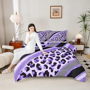 Leopard Print Kids Comforter Set,Abstract Cheetah Skin Fashion Bedding Set,Girls Boys Adults Room Decor,Geometric Stripes Patch Down Comforter,Purple Romantic Duvet Insert