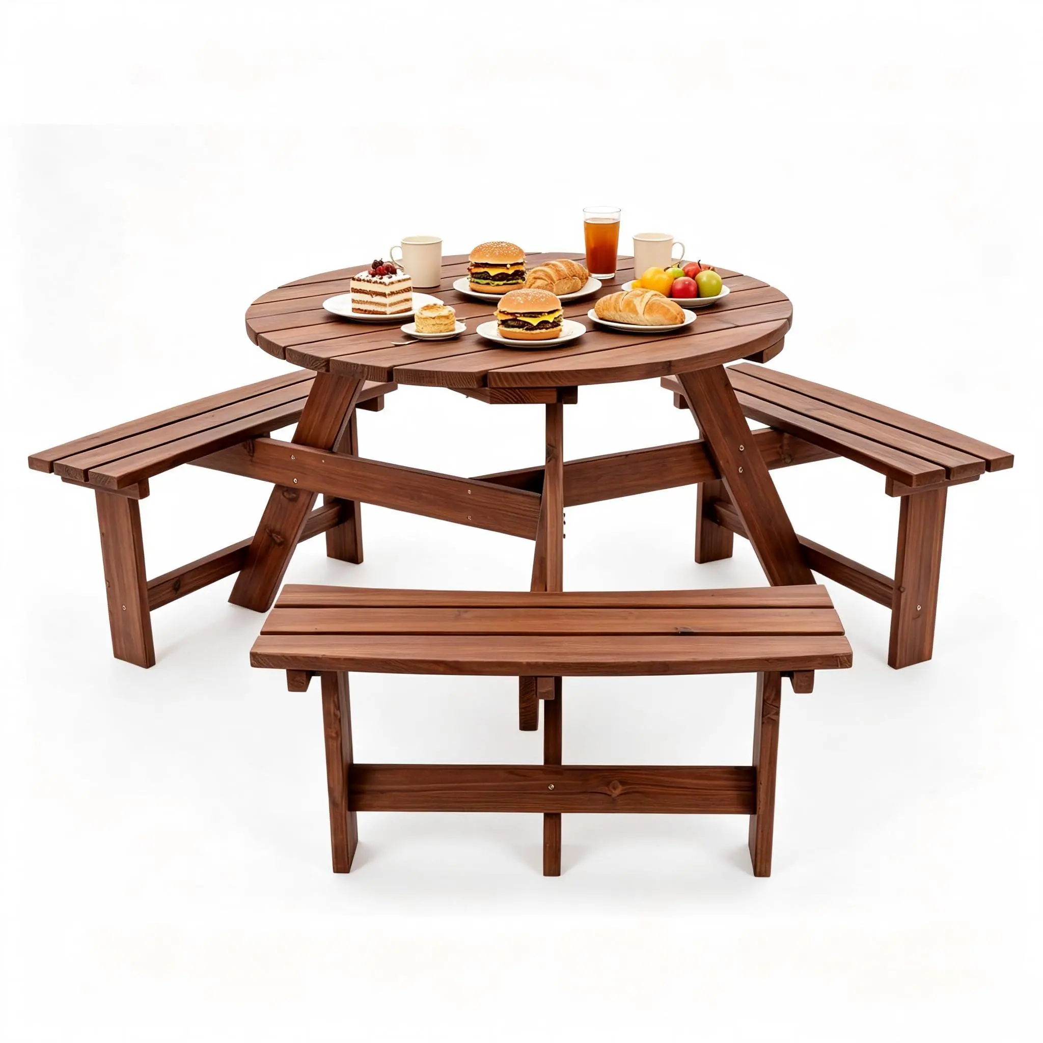 6-Seat Round Wooden Circular Picnic Table with 3 Built-in Benches, Outdoor Dining Set with Umbrella Hole for Garden, Patio Use, Six Seats