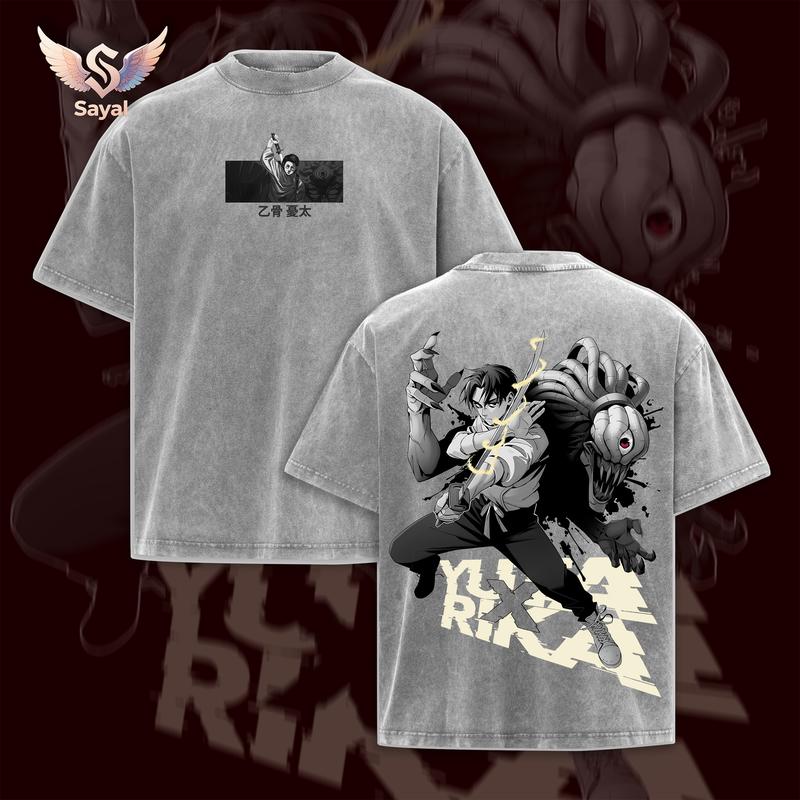 Yuta x Rika Jujutsu Kaisen: Execution Cursed Love Movie Spirit Tee Oversized Washed Grey Cotton Anime Clothing Streetwear Y2K Retro Grunge Graphic Sayal Men Otaku Gift Essential Cyber Vintage Fall Outfits Gamis Merch JJK