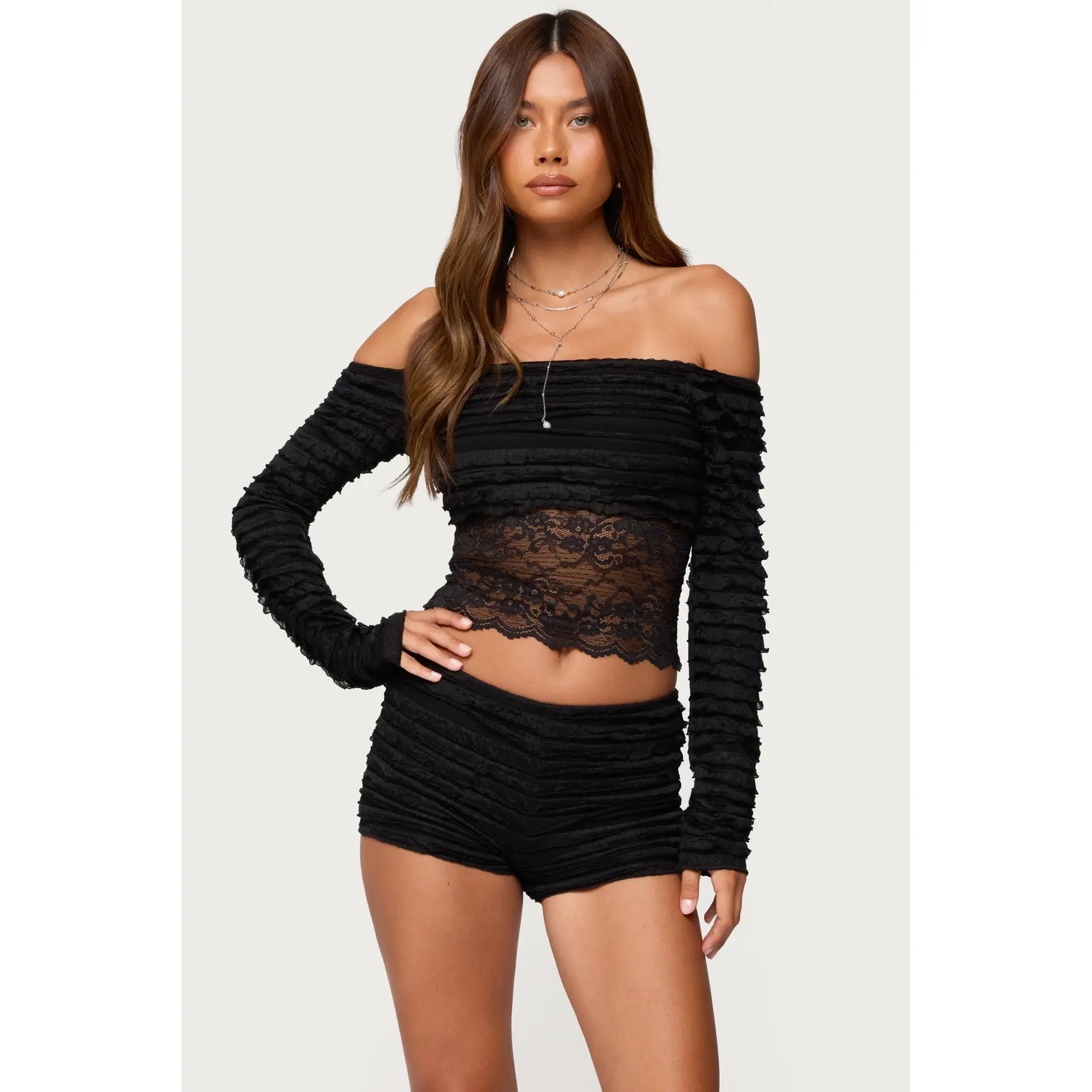 Tauri Lacey Ruffled Off Shoulder Top