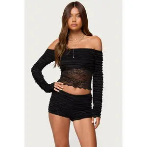Tauri Lacey Ruffled Off Shoulder Top