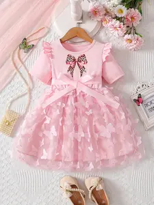 Trendy Butterfly Mesh Skirt for Girls, 3D Butterfly Design, Leopard Print Bow, Sweet Princess Style, Perfect for Daily Wear, Parties, Birthdays
