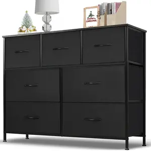 Dresser for Bedroom 7 Storage Drawers Wide Fabric Closet Chests Organizer with Wooden Top Metal Frame for Living Room Hallway Entryway High-Quality Materials Easy Assembly