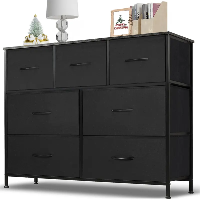 Dresser for Bedroom 7 Storage Drawers Wide Fabric Closet Chests Organizer with Wooden Top Metal Frame for Living Room Hallway Entryway High-Quality Materials Easy Assembly