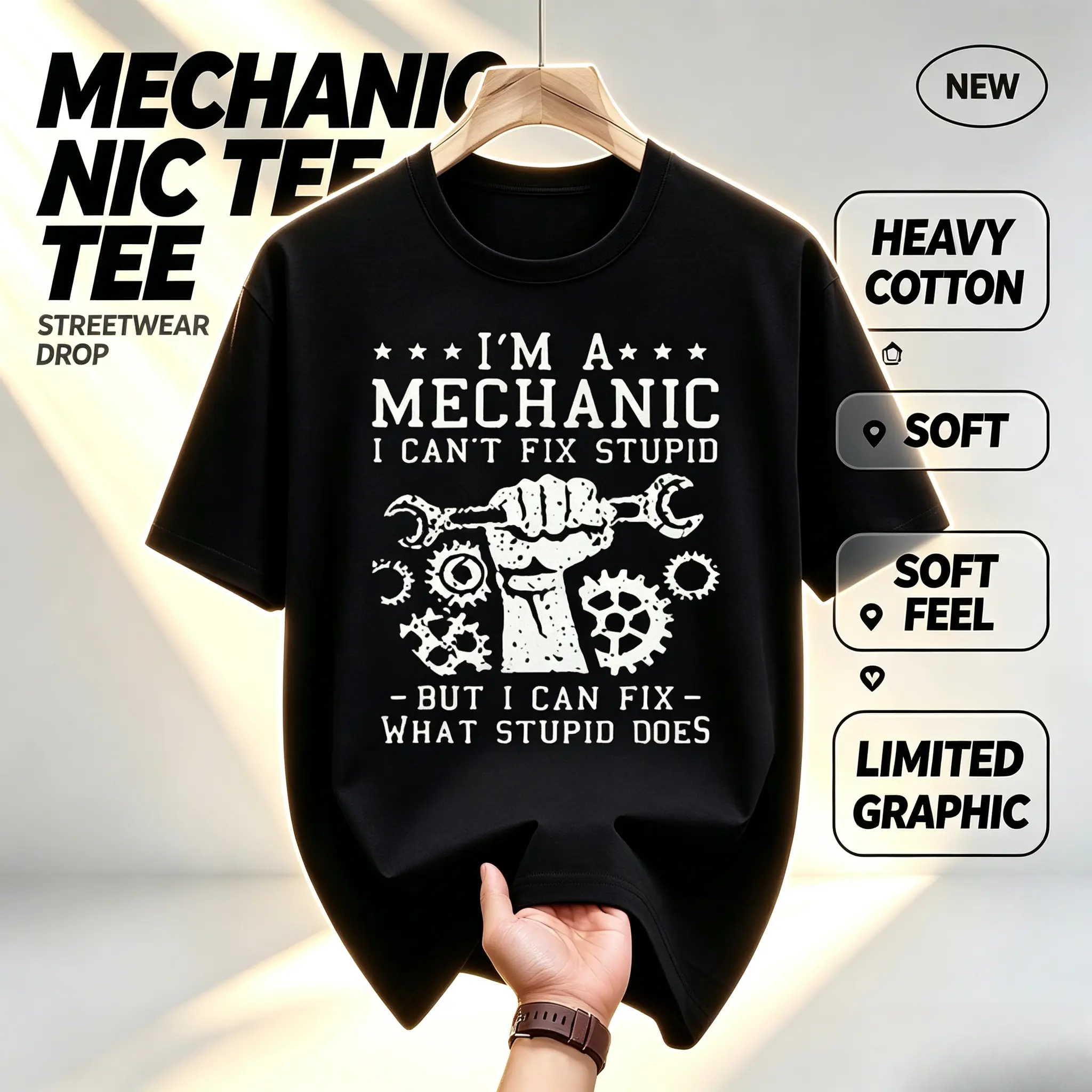 Men's Mechanic Graphic T-Shirt, Breathable Cotton Streetwear Top - Casual Loose Fit with "I Can't Fix Stupid" Print, Tops, Sporty Chic