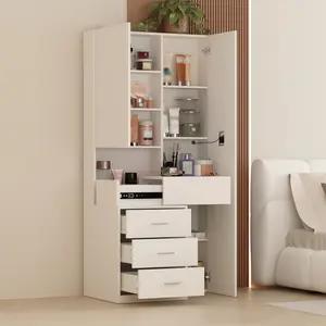 FUFU&GAGA Makeup Vanity Desk with Mirror & Lights, White Dressing Table with 3 Drawers, Sliding Tabletop, Storage Shelves, 3-Color Full-Length Mirror Dresser Organizer