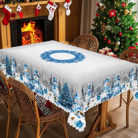 PLUMLIK Classic Polyester Christmas Tablecloth - Blue Snowman & Tree Patterns, 2025 Festive Decor, Party Decoration Supplies, Vintage Round/Rectangle Cover for Home Indoor Use, Holiday Kitchen Decor, Gift, Machine Washed, Sets The Mood For Christmas Dinne